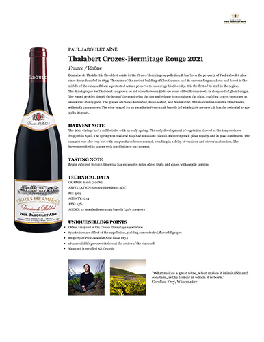Thalabert Crozes-Hermitage Rouge 2021 Fact Sheet
