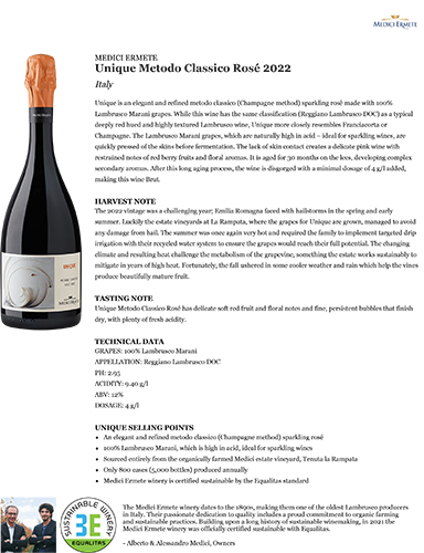 Unique Metodo Classico Rosé Brut 2022 Fact Sheet