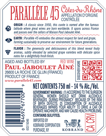 Parallèle 45 Côtes-du-Rhône Rouge Back Label 2021 & 2022