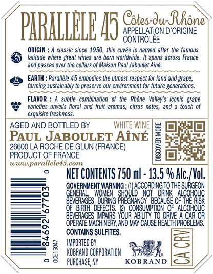 Parallèle 45 Côtes-du-Rhône Blanc Back Label