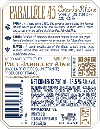 Parallèle 45 Côtes-du-Rhône Blanc 2022 & 2023 Back Label