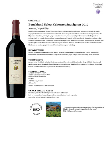 Benchland Select Cabernet Sauvignon 2019 Fact Sheet