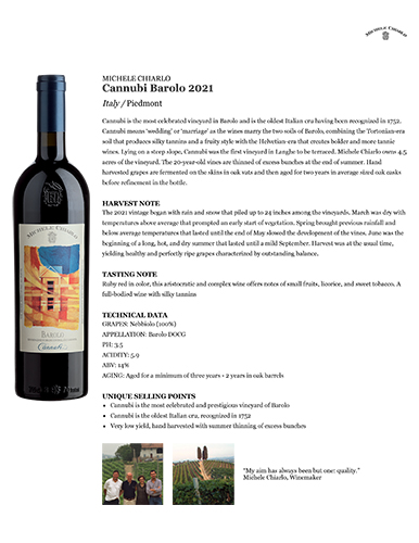 Cannubi Barolo DOCG 2021 Fact Sheet