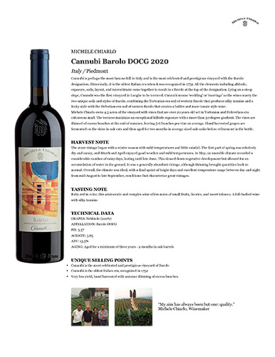 Cannubi Barolo DOCG 2020 Fact Sheet