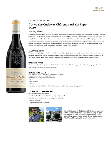Cuvée des Cadettes Châteauneuf-du-Pape 2020 Fact Sheet