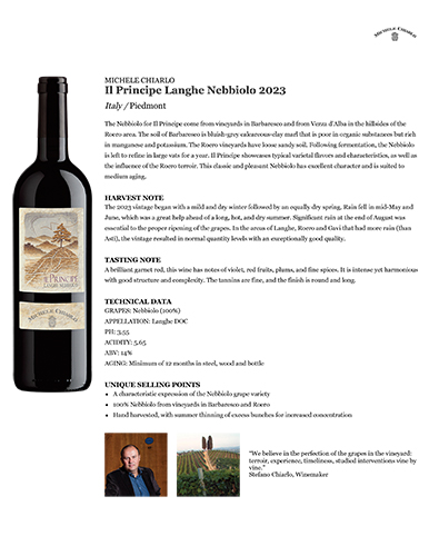 Il Principe Langhe Nebbiolo DOC 2023 Fact Sheet