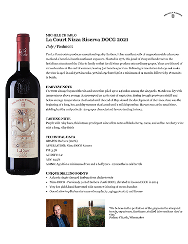 La Court Nizza Riserva DOCG 2021 Fact Sheet