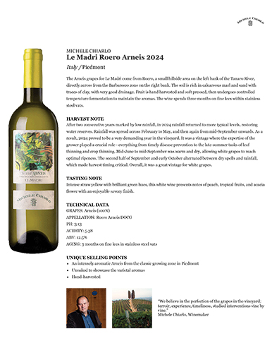Le Madri Roero Arneis DOCG 2024 Fact Sheet