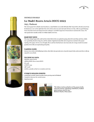 Le Madri Roero Arneis DOCG 2023 Fact Sheet