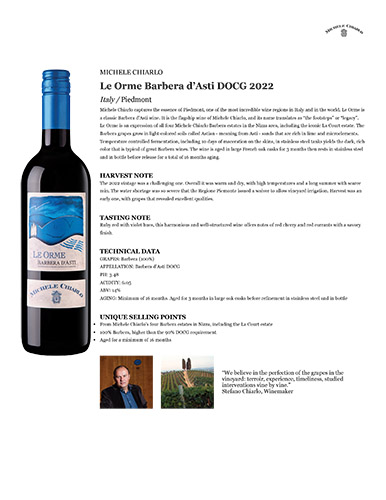 Le Orme Barbera d’Asti DOCG 2022 Fact Sheet