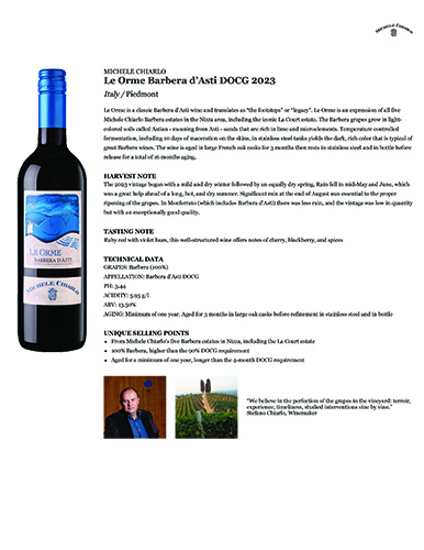 Le Orme Barbera d’Asti DOCG 2023 Fact Sheet