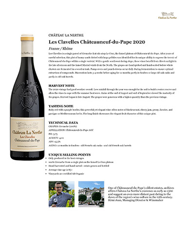 Les Clavelles Châteauneuf-du-Pape 2020 Fact Sheet
