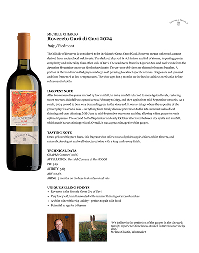 Rovereto Gavi del Comune di Gavi DOCG 2024 Fact Sheet