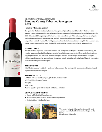 Sonoma County Cabernet Sauvignon 2021 Fact Sheet