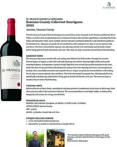 Sonoma County Cabernet Sauvignon 2022 Fact Sheet