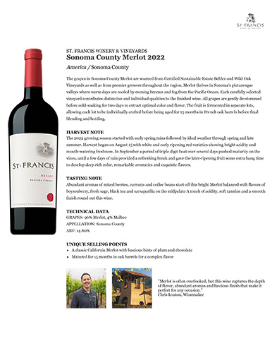 Sonoma County Merlot 2022 Fact Sheet
