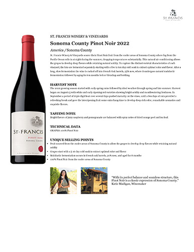 Sonoma County Pinot Noir 2022 Fact Sheet