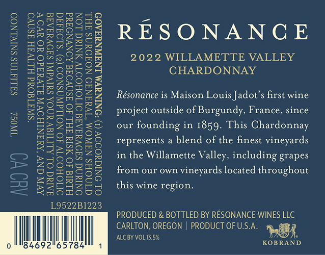 Willamette Valley Chardonnay 2022 Back Label