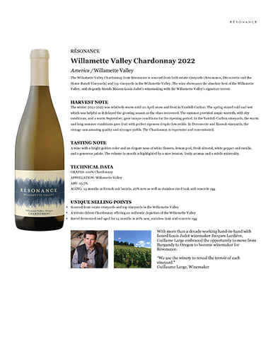 Willamette Valley Chardonnay 2022 Fact Sheet