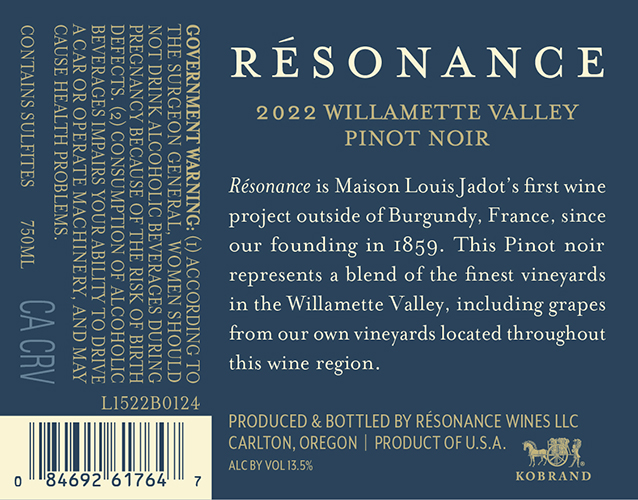 Willamette Valley Pinot Noir 2022 Back Label