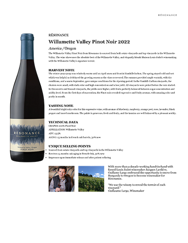 Willamette Valley Pinot Noir 2022 Fact Sheet