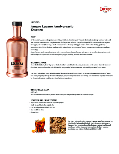 Amaro Lucano Anniversario Essenza Fact Sheet