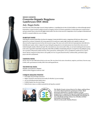 Concerto Organic Reggiano Lambrusco DOC 2023 Fact Sheet