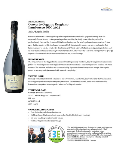 Concerto Organic Reggiano Lambrusco DOC 2025 Fact Sheet
