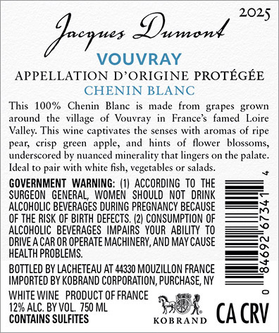 Vouvray Chenin Blanc AOP 2025 Back Label