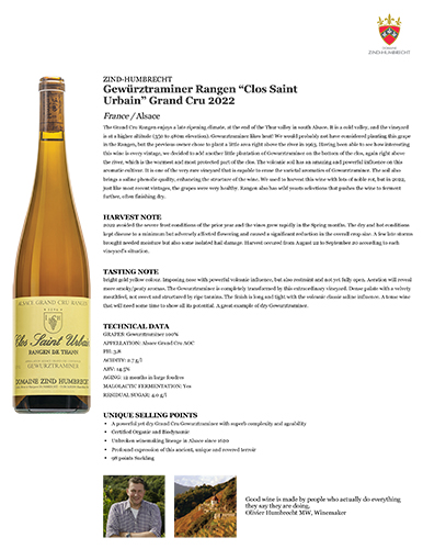 Gewürztraminer Rangen “Clos Saint Urbain” Grand Cru 2022 Fact Sheet