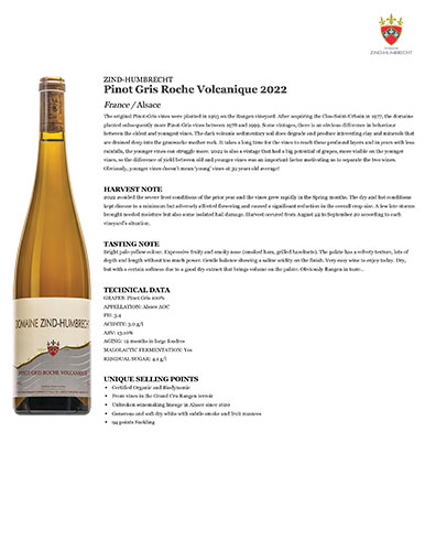 Pinot Gris Roche Volcanique 2022 Fact Sheet