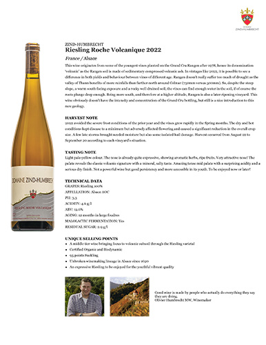 Riesling Roche Volcanique 2022 Fact Sheet