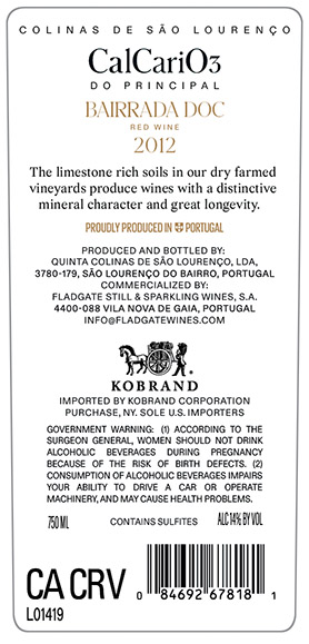 Calcario 2012 Back Label