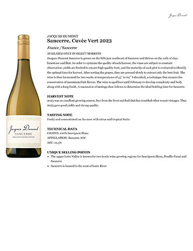 Sancerre, Cuvée Vert 2023 Fact Sheet