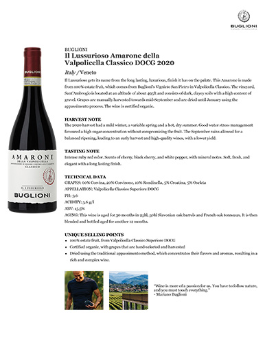 Il Lussurioso Amarone della Valpolicella Classico DOCG 2020 Fact Sheet