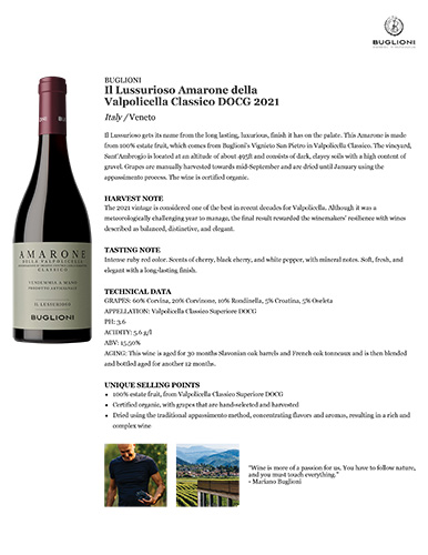 Il Lussurioso Amarone della Valpolicella Classico DOCG 2021 Fact Sheet