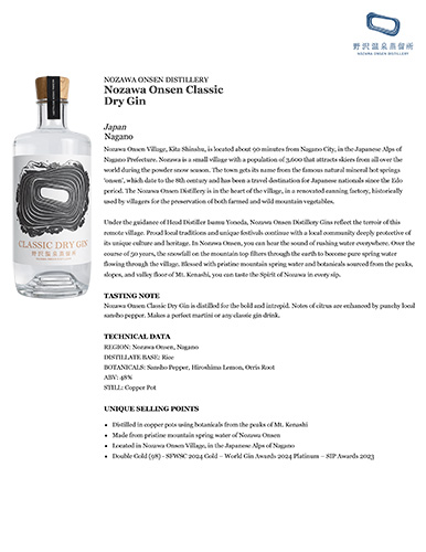 Nozawa Onsen Classic Dry Gin Fact Sheet