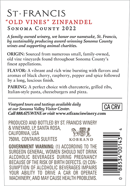 Sonoma County Old Vines Zinfandel 2022 Back Label