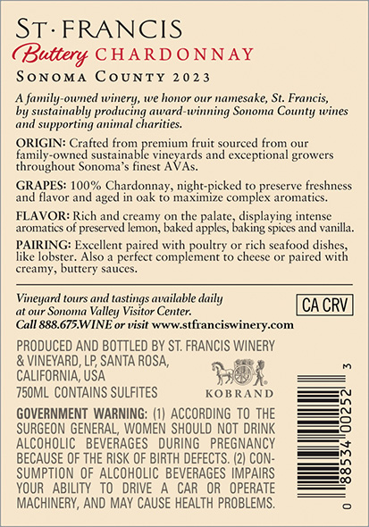 Sonoma County Buttery Chardonnay 2023 Back Label