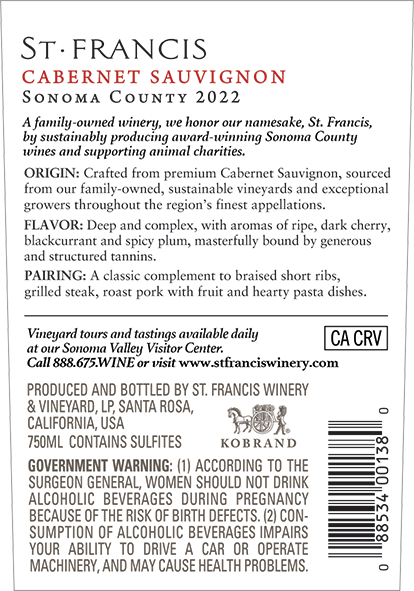 Sonoma County Cabernet Sauvignon 2022 Back Label