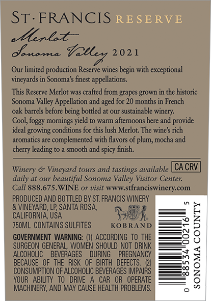 Reserve Merlot 2021 Back Label
