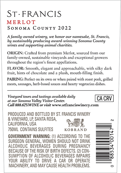 Sonoma County Merlot 2022 Back Label