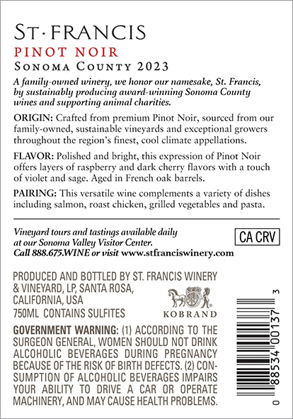 Sonoma County Pinot Noir 2023 Back Label