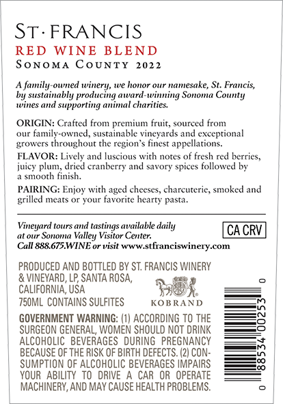 Sonoma County Red Blend 2022 Back Label