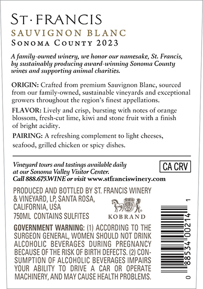 Sonoma County Sauvignon Blanc 2023 Back Label