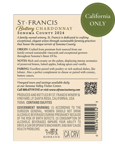 NEW PACKAGING (CA ONLY!) Sonoma County Buttery Chardonnay 2024 Back Label