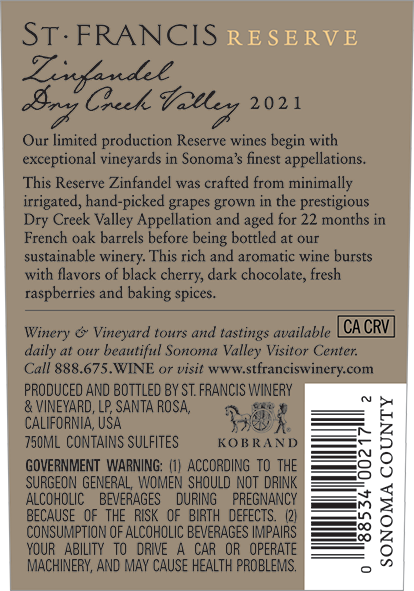 Reserve Zinfandel 2021 Back Label