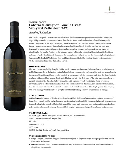 Cabernet Sauvignon Tonella Estate Vineyard Rutherford 2021 Fact Sheet