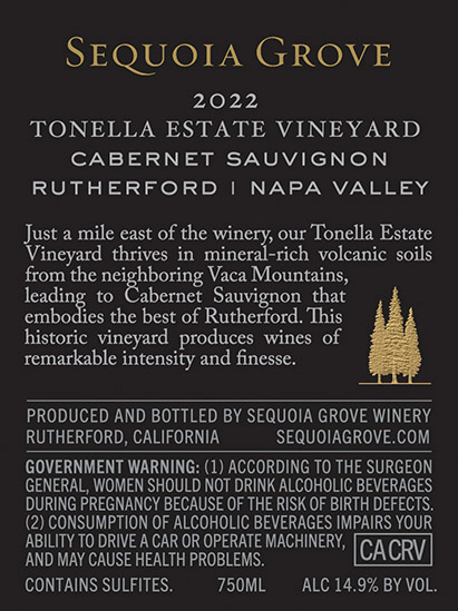 Cabernet Sauvignon Tonella Estate Vineyard Rutherford 2022 Back Label