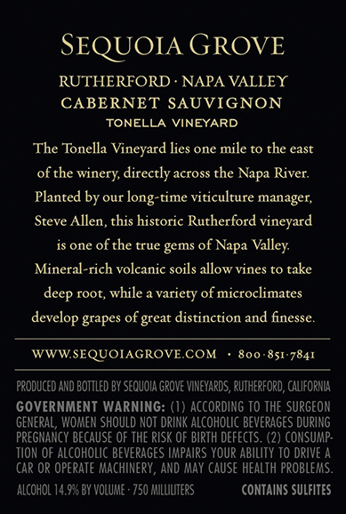 Cabernet Sauvignon Tonella Estate Vineyard Rutherford 2021 Back Label
